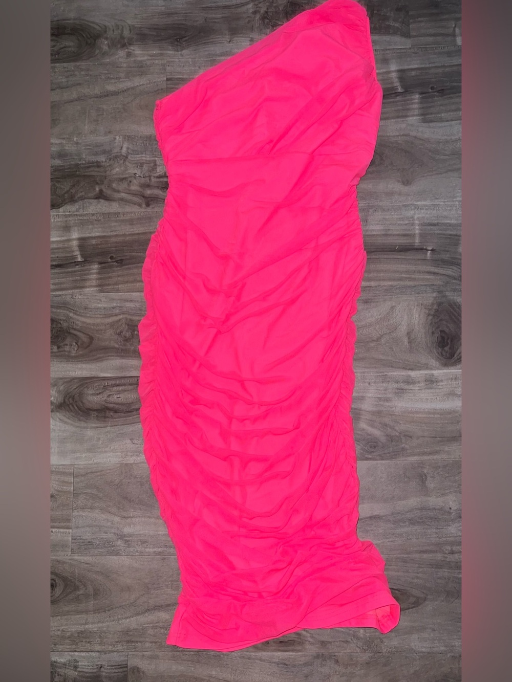 One-Shoulder Hot Pink Ruched Bodycon Dress